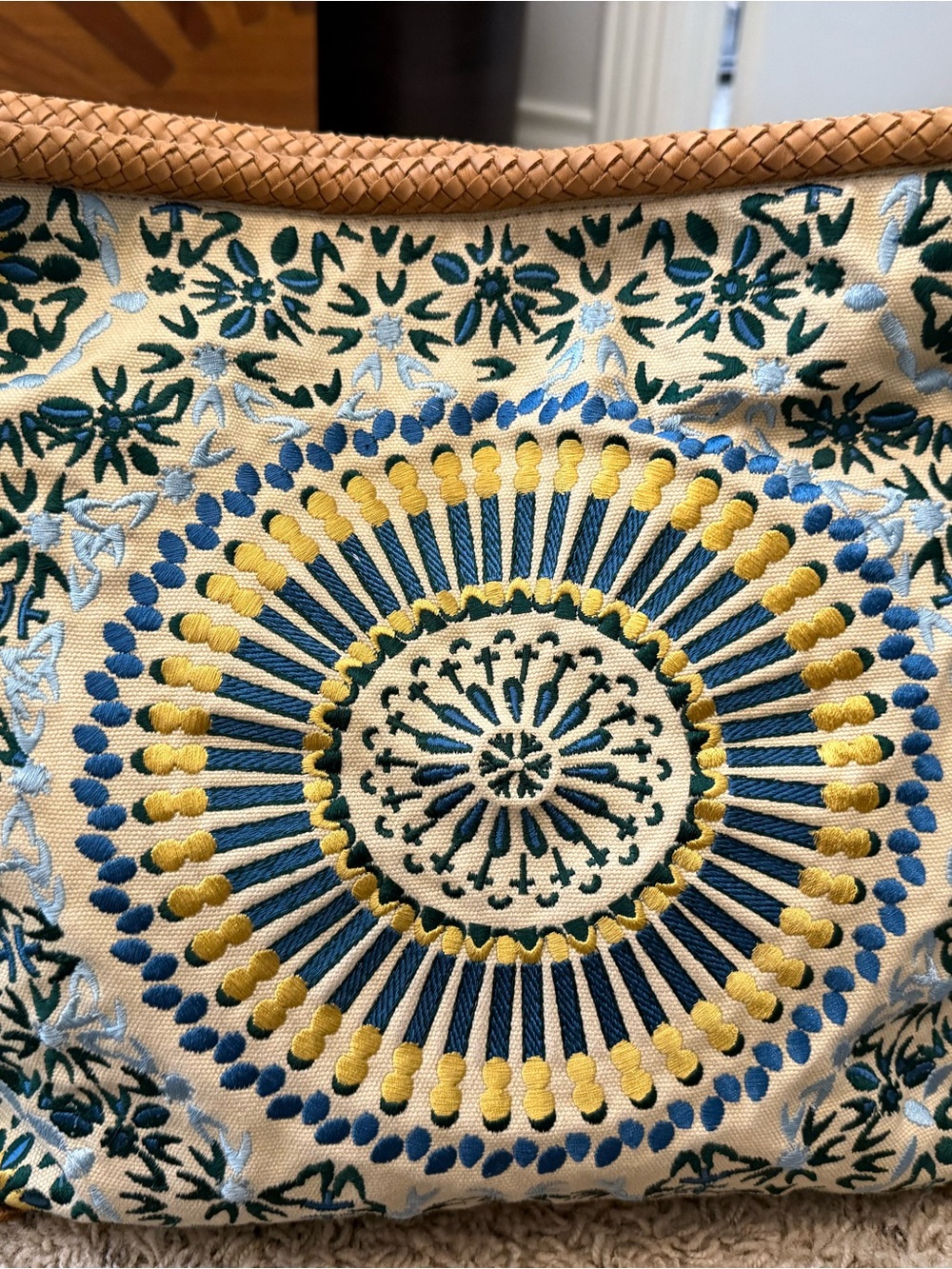 Cole Haan Sierra Embroidered Canvas Shoulder Bag in Cream, Blue & Yellow - Picture 2 of 4